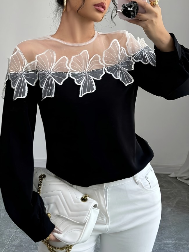 Polyester Blouse with Elastane Knit Elegant Off-Shoulder Women's Blouse, Color Block Design with Mesh Detail, Polyester and Elastane, Knit Fabric - Spring\u002FAutumn