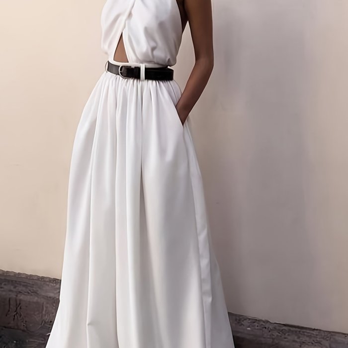 Elegant Halter Neck Solid Color Culottes Dress for Adult - Spring\u002FSummer Collection - Polyester Knit Fabric, 150 g\u002Fm²