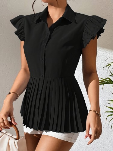 Valentine's Day Women's Shirt - Pleated Hem, Short Sleeve, Bat Sleeve Collar, Suitable for Daily Commuting, Office, Dating | Spring Summer Wear