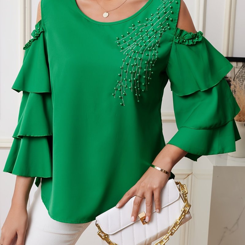 Pearl Accented Ruffle Sleeve Polyester Blouse - Elegant Crew Neck for Spring\u002FSummer - Three-Layer Earlobe