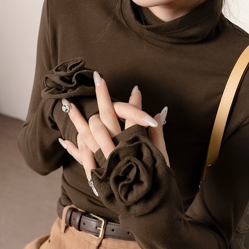 Elegant 3D Floral High-Neck T-Shirt - Polyester Knit Long Sleeve Solid Color Top - Regular Fit All-Season Fashion Tee