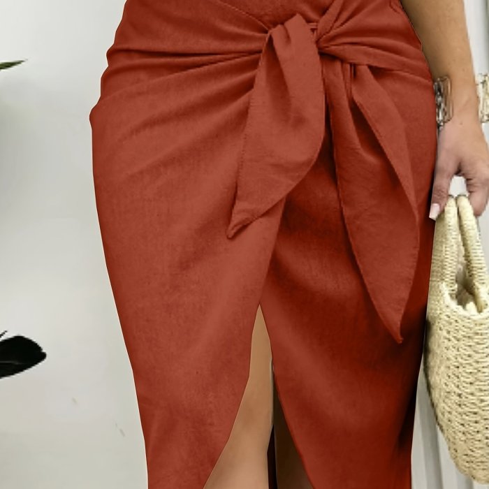 Elegant Solid Color High-Waisted A-Line Skirt with Tie-Side Detail - Flowy Midi Skirt for Spring, Summer & Fall - Machine Washable Polyester Blend - Perfect for Casual or Formal Occasions, Autumn Apparel | Tieside Skirt | Glossy Texture