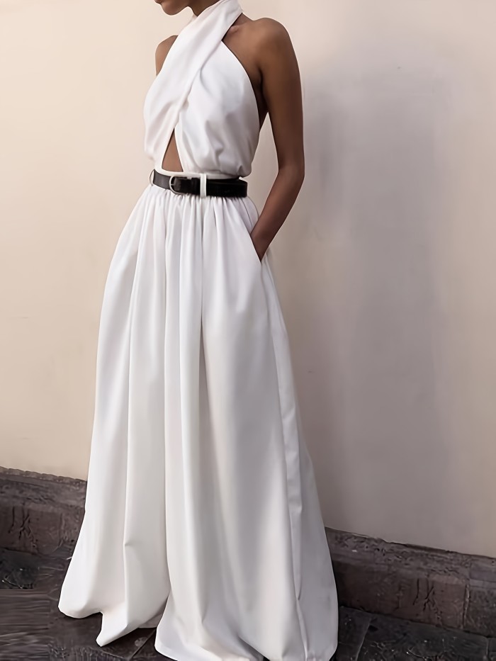 Elegant Halter Neck Solid Color Culottes Dress for Adult - Spring\u002FSummer Collection - Polyester Knit Fabric, 150 g\u002Fm²