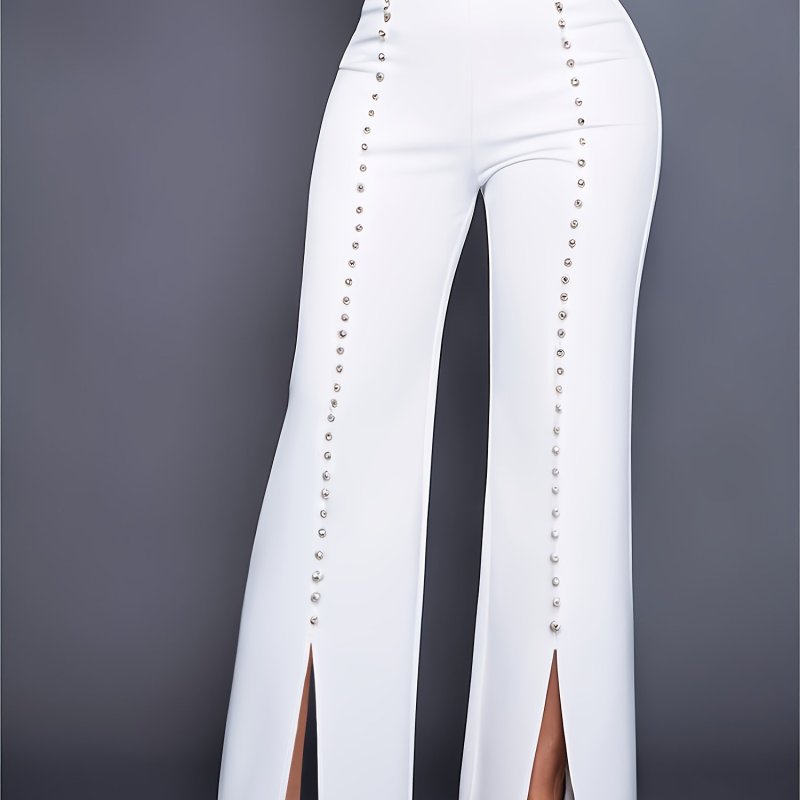 Elegant White Wide-Leg Pants for Women - High-Waisted, Polyester Blend with Decorative Golden Buttons, Comfortable Knit, All-Season Wear