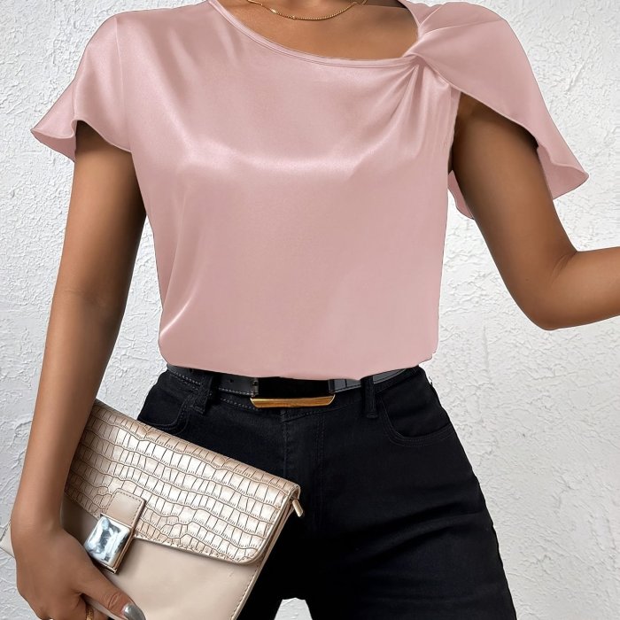 Summer Women's Shirt Solid Color Asymmetric Collar Shoulder Twist Shirt