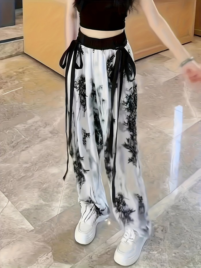 Wide Leg Pants For Women Bamboo Print Tie Waist Pants, Casual Chinese Style Wide Leg Pants For Fall & Winter, Women's Clothing