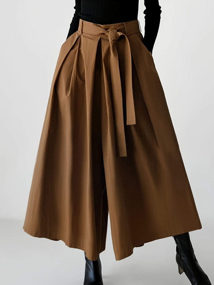 Solid Color Polyester Elegant High-Waist Pleated Wide-Leg Pants for Women - Machine Washable