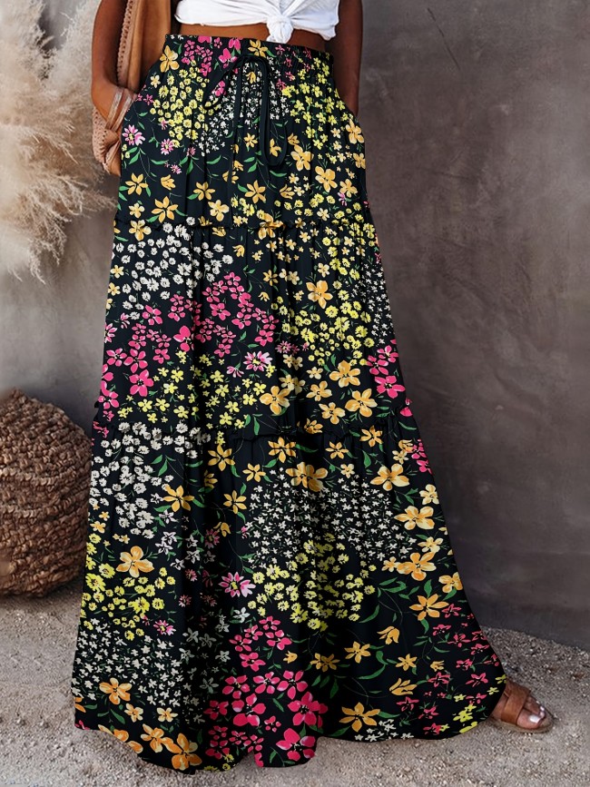 Summer Vibes) Women's Floral Print Long Skirt, 100% Polyester Casual Style with Frill Detail, Woven Spring\u002FSummer Maxi Skirt