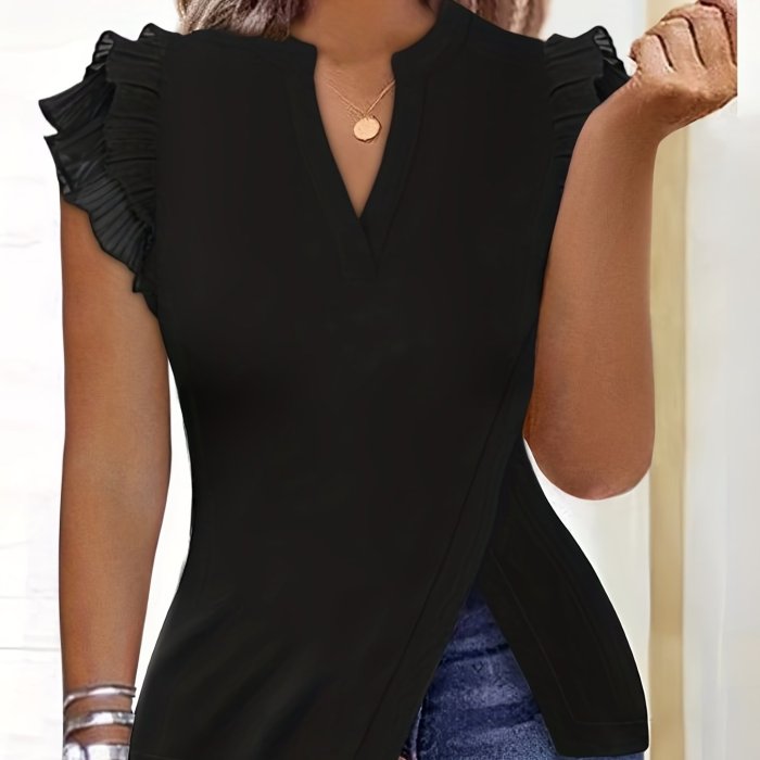 Slit Hem Notch Neck T-Shirt Solid Slit Hem Notch Neck T-Shirt, Casual Ruffle Sleeve Top For Spring & Summer, Women's Clothing