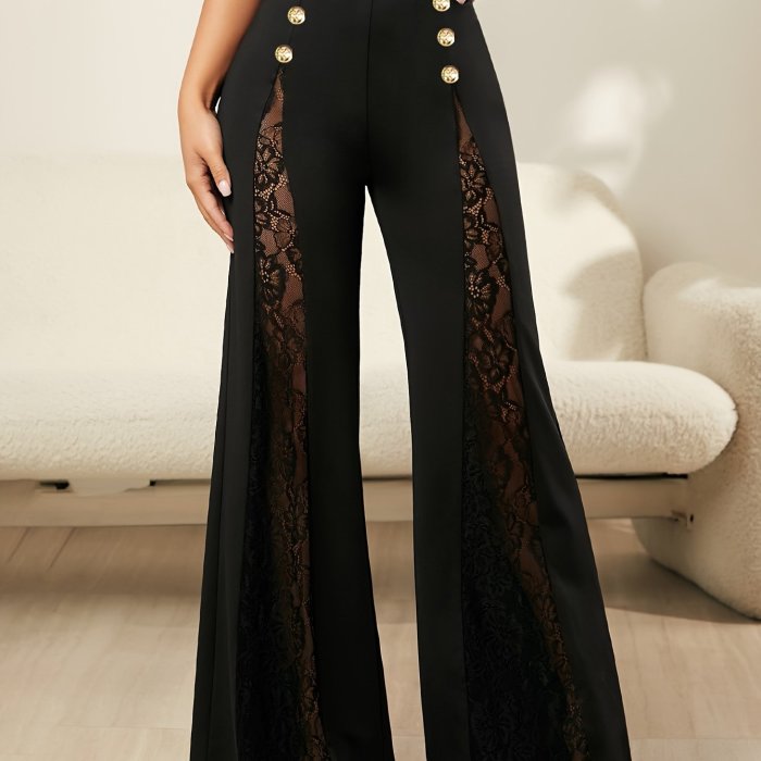 Elegant Wide Leg Contrast Lace Pants - Loose Fit for Spring & Fall - Women's Clothing