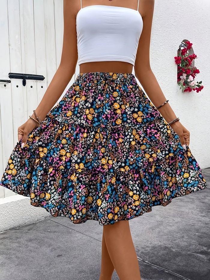 Print Skirt - Vibrant Blue, High-Waisted A-Line, Polyester Blend, Machine Washable, Perfect for Spring\u002FSummer\u002FFall