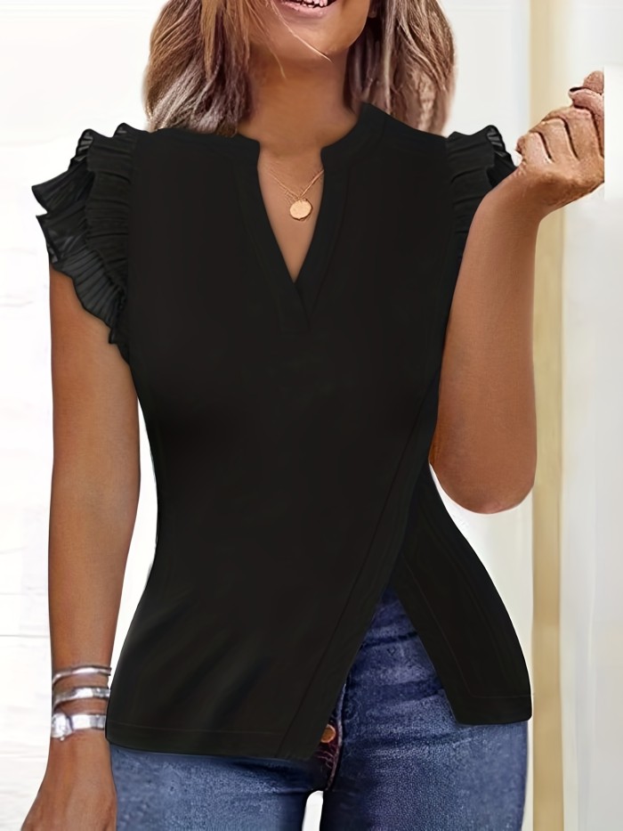 Slit Hem Notch Neck T-Shirt Solid Slit Hem Notch Neck T-Shirt, Casual Ruffle Sleeve Top For Spring & Summer, Women's Clothing