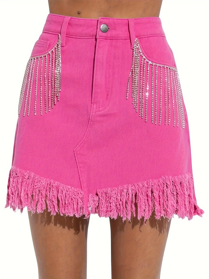 Rhinestones Tassel Women Jean Dress Women Sexy Rhinestones Tassel Denim Skirt Summer Frayed Hem Bodycon Jean Mini Dress