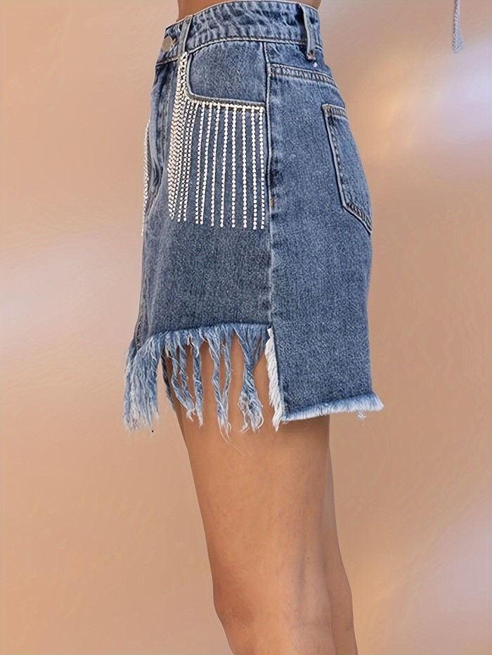 Rhinestones Tassel Women Jean Dress Women Sexy Rhinestones Tassel Denim Skirt Summer Frayed Hem Bodycon Jean Mini Dress