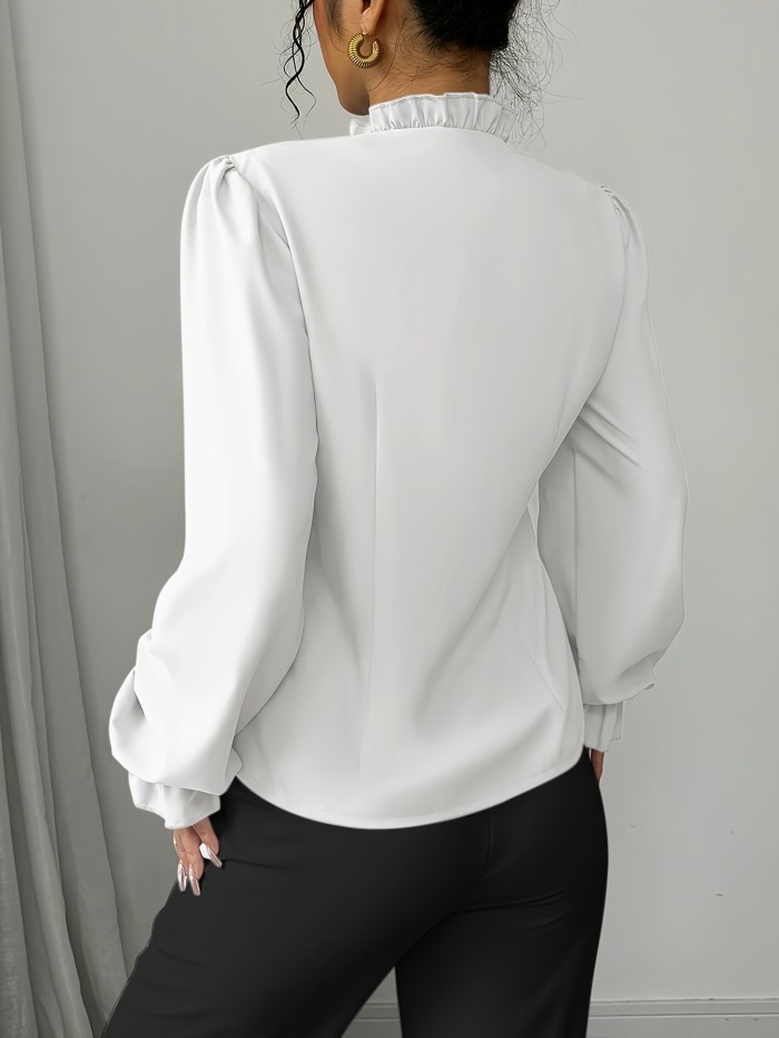 Elegant French Style Blue Asymmetrical Button Ruffle Hem Long Sleeve Blouse for Women - Polyester, Machine Washable, Perfect for Autumn