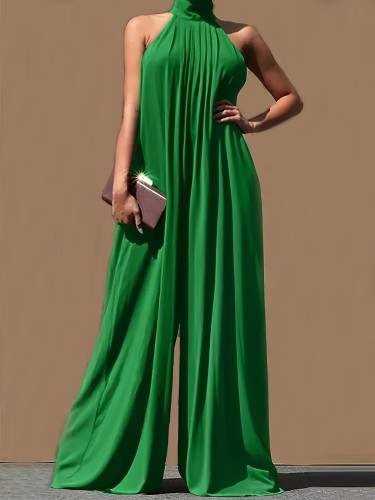 Women's Elegant Sleeveless Halter Jumpsuit with Pockets - Solid Red, Wide-Leg Design, Pleated Detail, Machine Washable, Perfect for Casual Outings, Ladies Jumpsuits