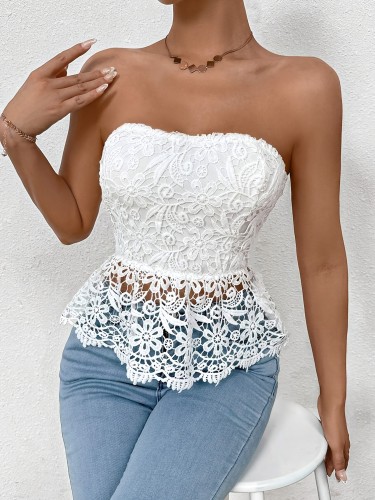 Women'S Elegant Solid Color Lace Bandeau Top, Summer Polyester 95% Elastane 5% Shirting with Contrast Lace Detail, Woven Fabric, 180gsm, for Holiday Party Wear