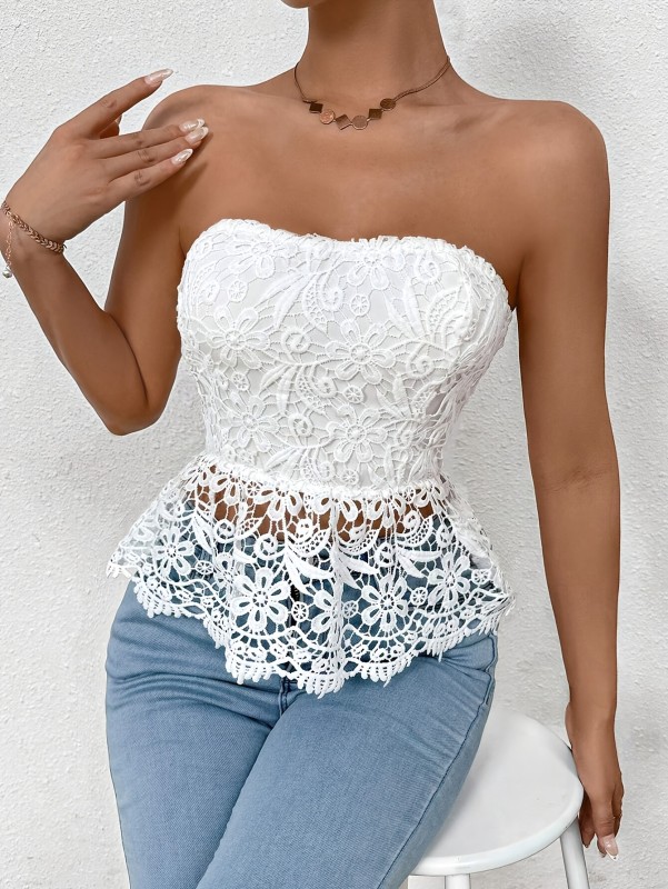 Women'S Elegant Solid Color Lace Bandeau Top, Summer Polyester 95% Elastane 5% Shirting with Contrast Lace Detail, Woven Fabric, 180gsm, for Holiday Party Wear