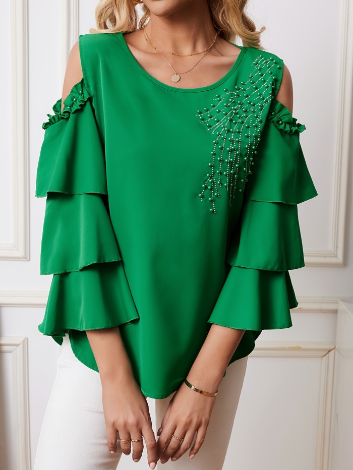 Pearl Accented Ruffle Sleeve Polyester Blouse - Elegant Crew Neck for Spring\u002FSummer - Three-Layer Earlobe
