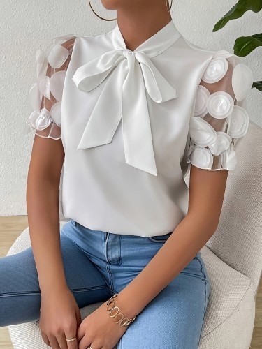 Elegant Tie Neck Blouse for Women, Polyester Woven Top with Contrast Mesh Detail, Solid Color Short Sleeve Shirt for Spring\u002FSummer