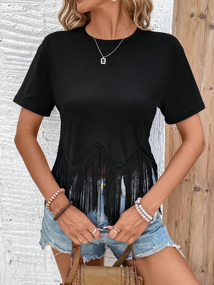 Women's Elegant Black Tassel Trim T-Shirt - Short Sleeve, Round Neck, Lightweight Polyester, Machine Washable - Perfect for Spring\u002FSummer Casual Wear