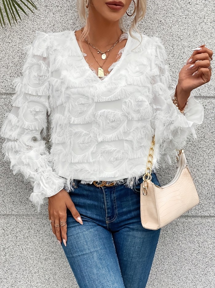 V Neck Tassel Blouse Tassel Decor V Neck Blouse, Stylish Long Lantern Sleeve Top For Spring & Fall, Women's Clothing