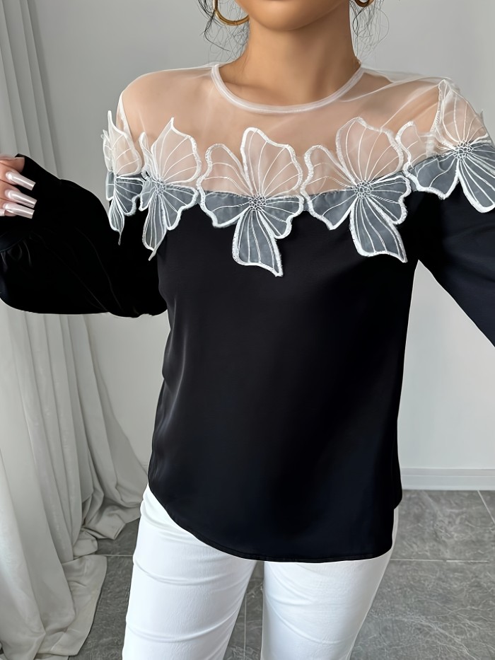 Polyester Blouse with Elastane Knit Elegant Off-Shoulder Women's Blouse, Color Block Design with Mesh Detail, Polyester and Elastane, Knit Fabric - Spring\u002FAutumn