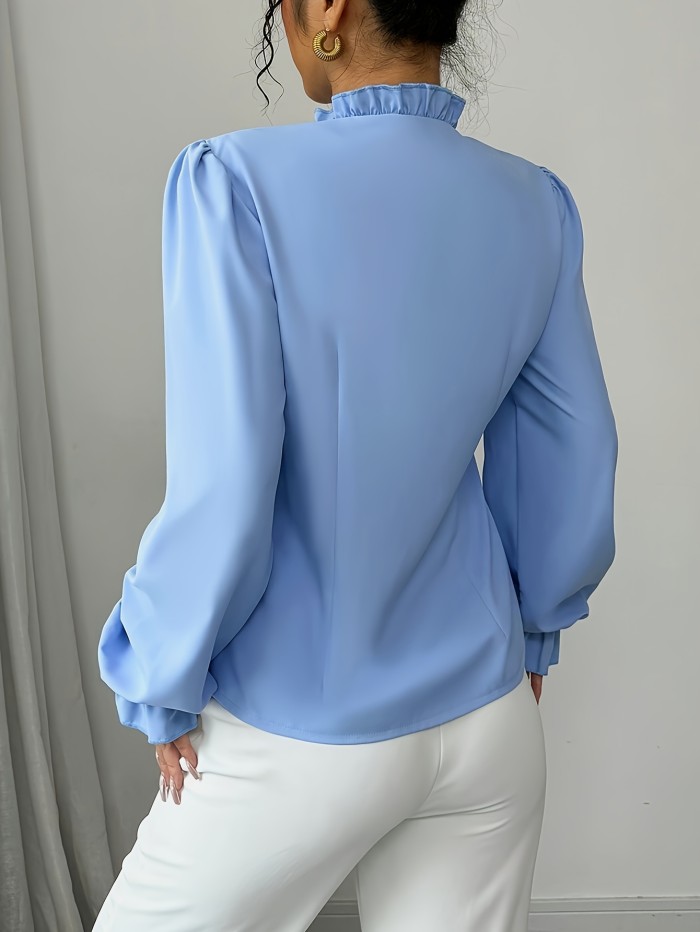 Elegant French Style Blue Asymmetrical Button Ruffle Hem Long Sleeve Blouse for Women - Polyester, Machine Washable, Perfect for Autumn