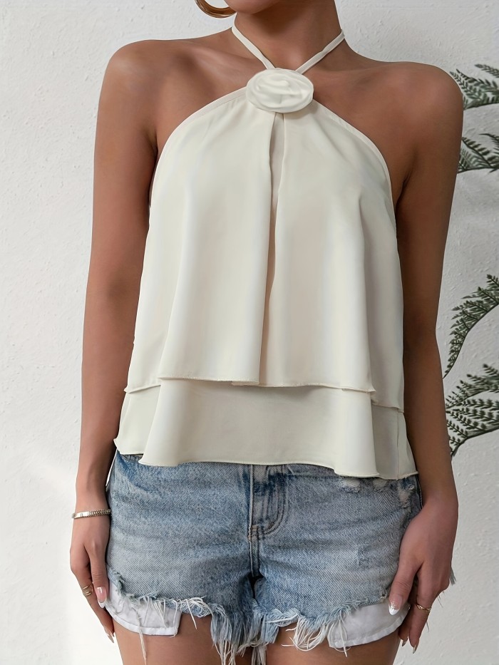 Elegant Halter Neck Blouse with Floral Detail - Double Layered Ruffle Hem, Sleeveless Polyester Top for Women, Machine Washable, Summer Fashion Top|Ruffled Hem Detail|Halter Neck Design