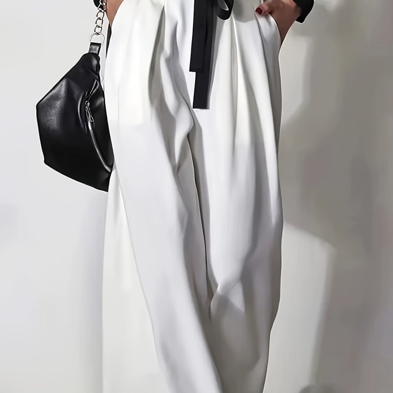 Highwaist Trousers Elegant High-Waist Belted Women's Pants - Chic Wide-Leg Design in White, Polyester & Elastane Blend, Machine Washable with Zip Closure - Perfect for Stylish Outings