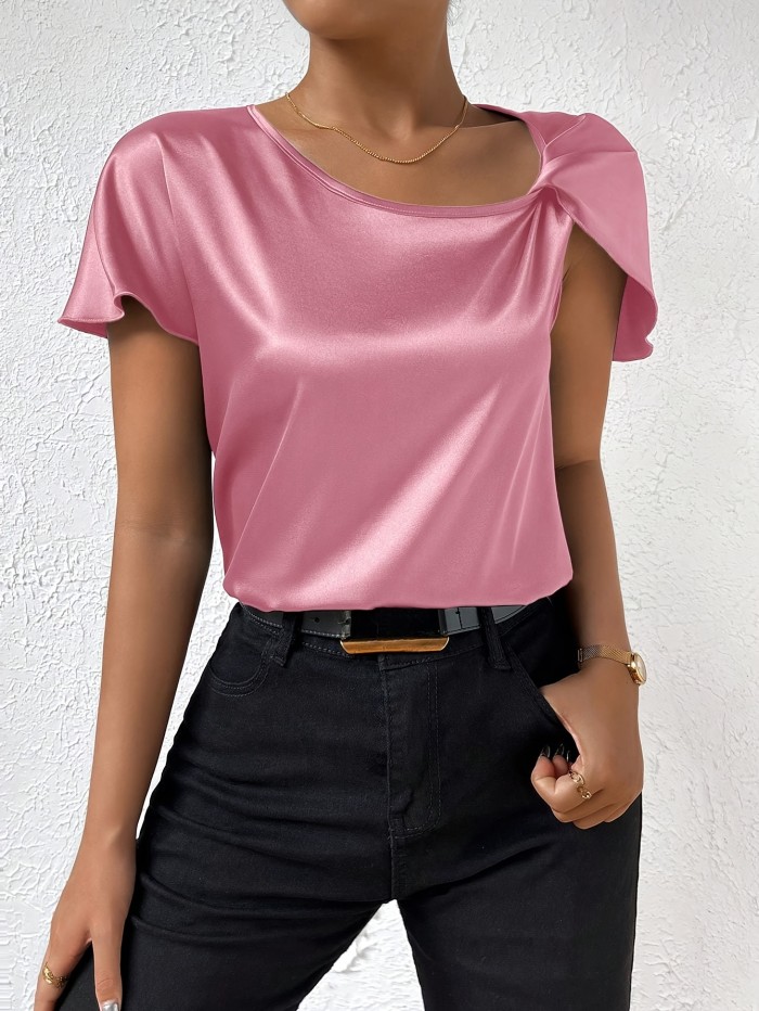 Summer Women's Shirt Solid Color Asymmetric Collar Shoulder Twist Shirt