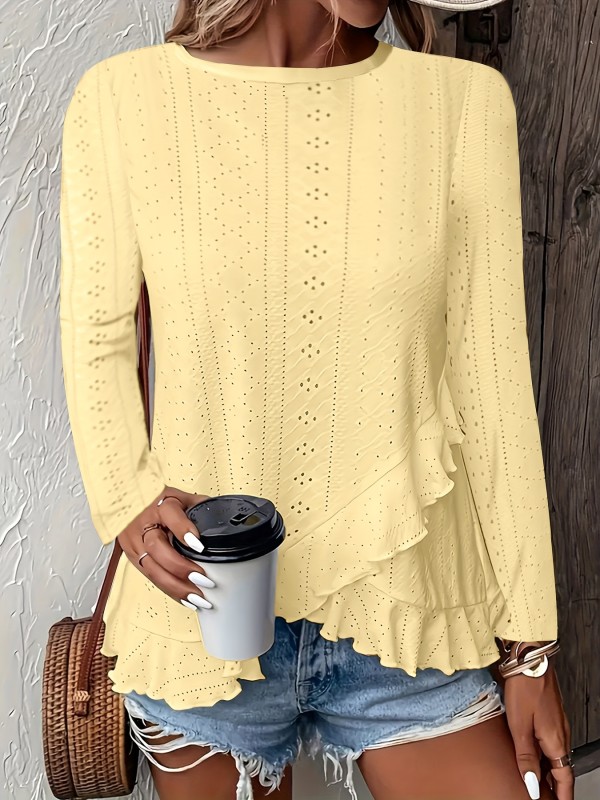 Elegant Spring Top T-shirt Breathable Solid Color Jacquard Fabric Round Neck Ruffle Women's Long Sleeve Top T-shirt - Stylish and Elegant Comfortable Spring and Autumn