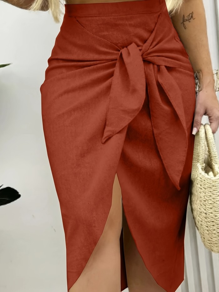 Elegant Solid Color High-Waisted A-Line Skirt with Tie-Side Detail - Flowy Midi Skirt for Spring, Summer & Fall - Machine Washable Polyester Blend - Perfect for Casual or Formal Occasions, Autumn Apparel | Tieside Skirt | Glossy Texture