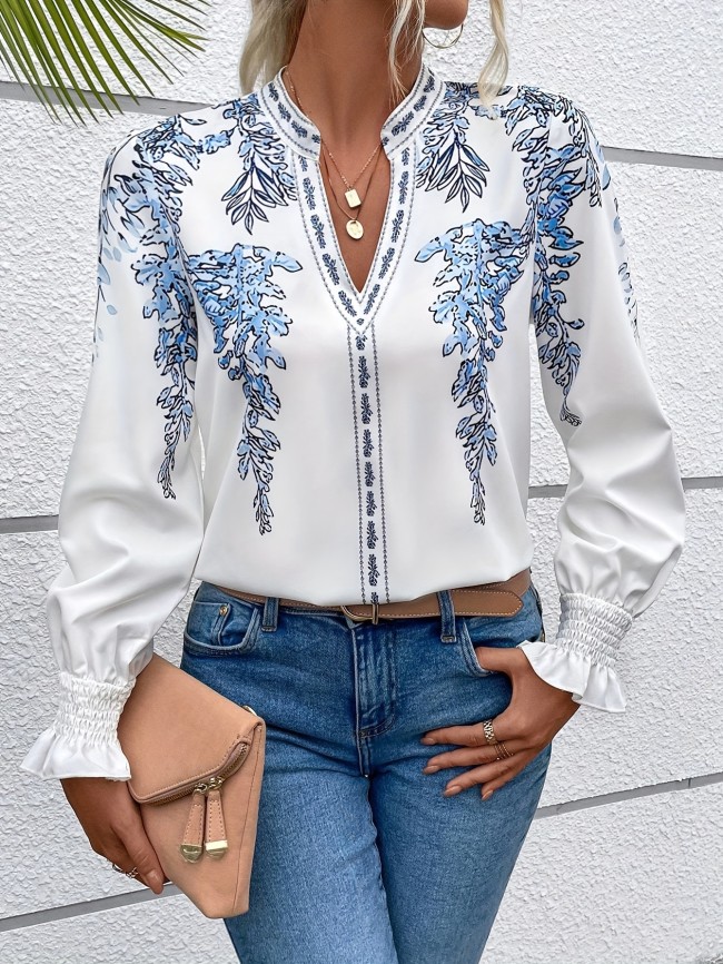 Elegant Floral Print Flounce Sleeve Blouse