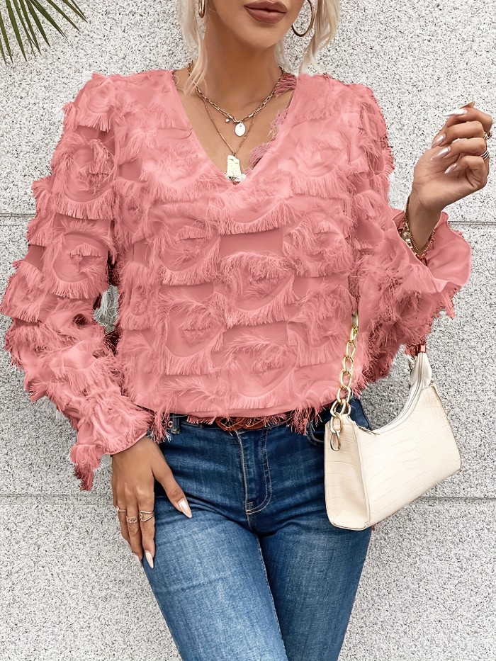 V Neck Tassel Blouse Tassel Decor V Neck Blouse, Stylish Long Lantern Sleeve Top For Spring & Fall, Women's Clothing