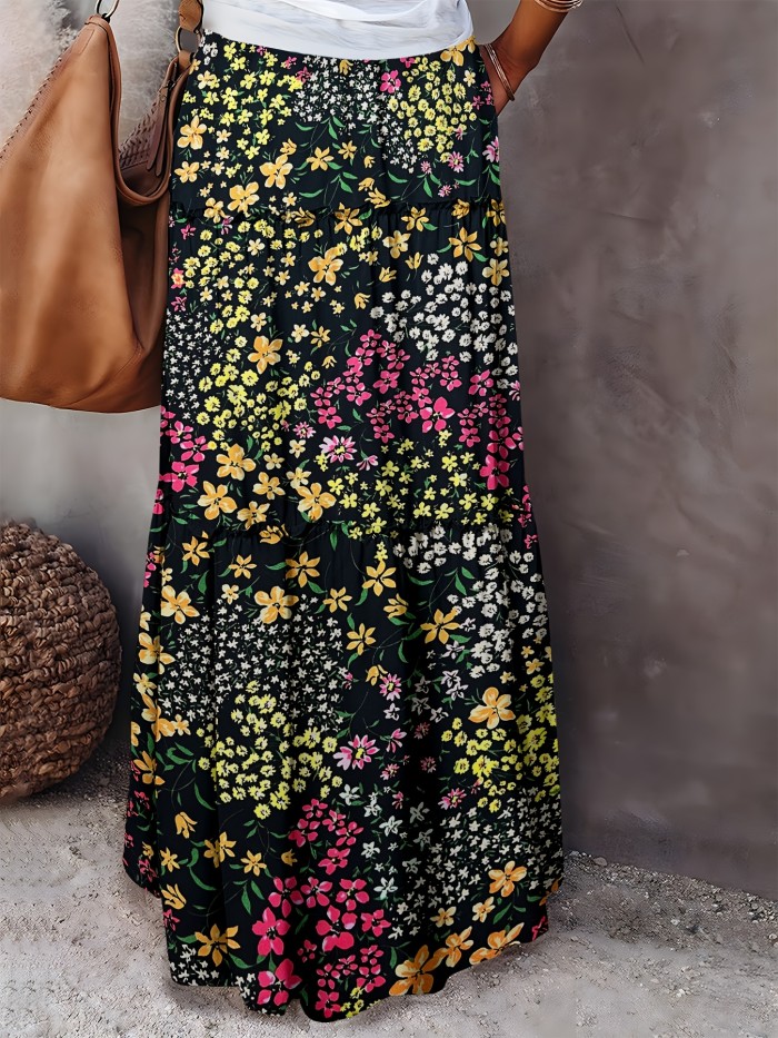Summer Vibes) Women's Floral Print Long Skirt, 100% Polyester Casual Style with Frill Detail, Woven Spring\u002FSummer Maxi Skirt
