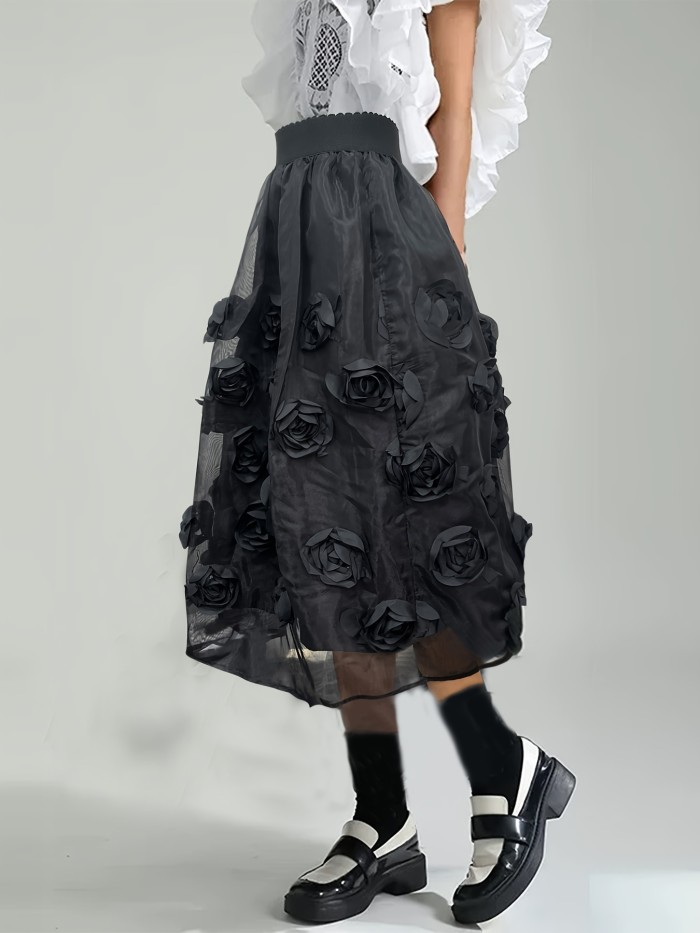 Graceful Look Elegant French-Inspired High-Waist Midi Skirt with Delicate 3D Floral Appliqués, Flowy Tulle Overlay - Chic Black Polyester, Machine Washable for All Seasons, Chic Formal Wear|Frenchinspired Fashion|Woven Texture