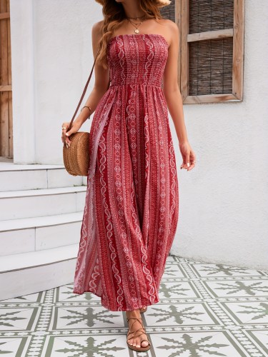 Paisley Print Off Shoulder Jumpsuit Elegant Off Shoulder Paisley Print Jumpsuit - Sleeveless Split Thigh Wide Leg For Spring & Summer - Women's Clothing