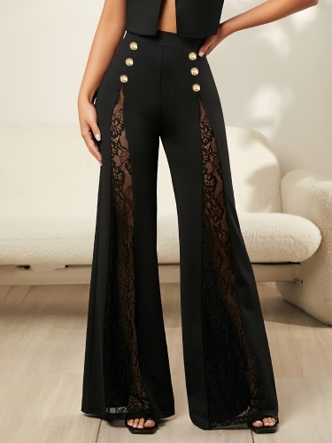 Elegant Wide Leg Contrast Lace Pants - Loose Fit for Spring & Fall - Women's Clothing