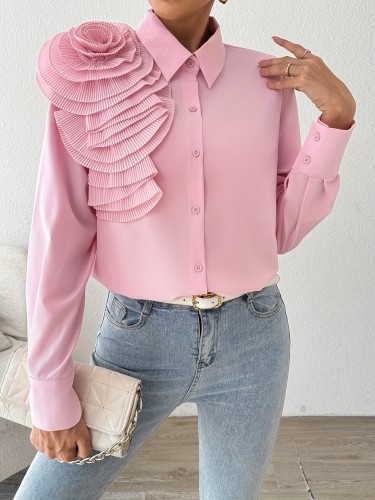 Elegant Women's Long Sleeve Blouse with Floral Appliqué - Pink Polyester, Button-Up Collared Shirt, Machine Washable, Perfect for Spring\u002FSummer Fashion