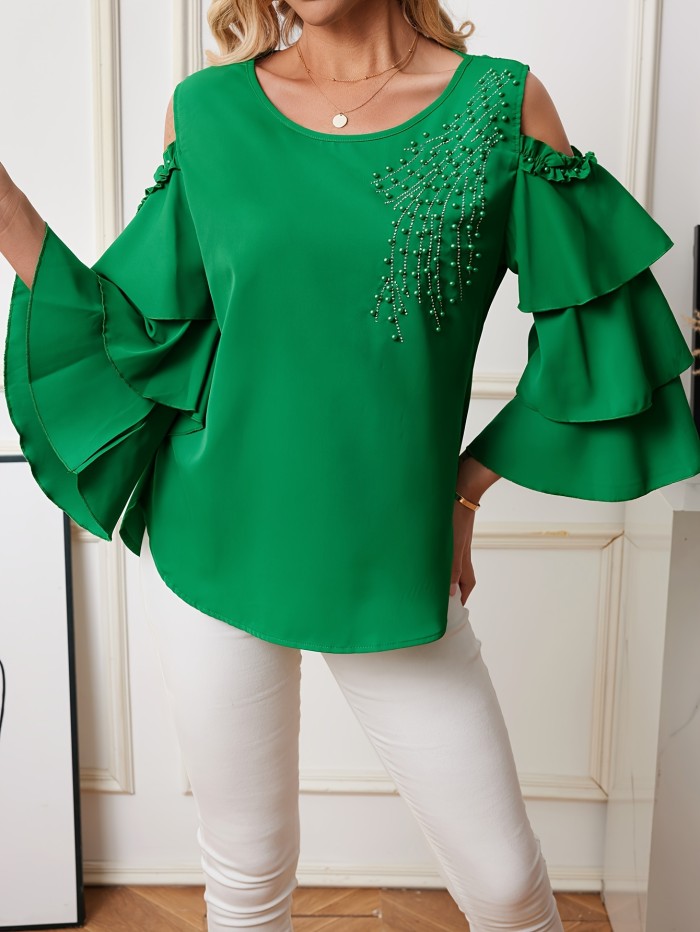 Pearl Accented Ruffle Sleeve Polyester Blouse - Elegant Crew Neck for Spring\u002FSummer - Three-Layer Earlobe