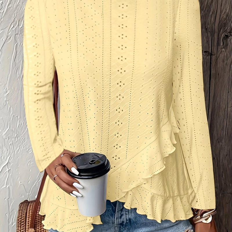Elegant Spring Top T-shirt Breathable Solid Color Jacquard Fabric Round Neck Ruffle Women's Long Sleeve Top T-shirt - Stylish and Elegant Comfortable Spring and Autumn