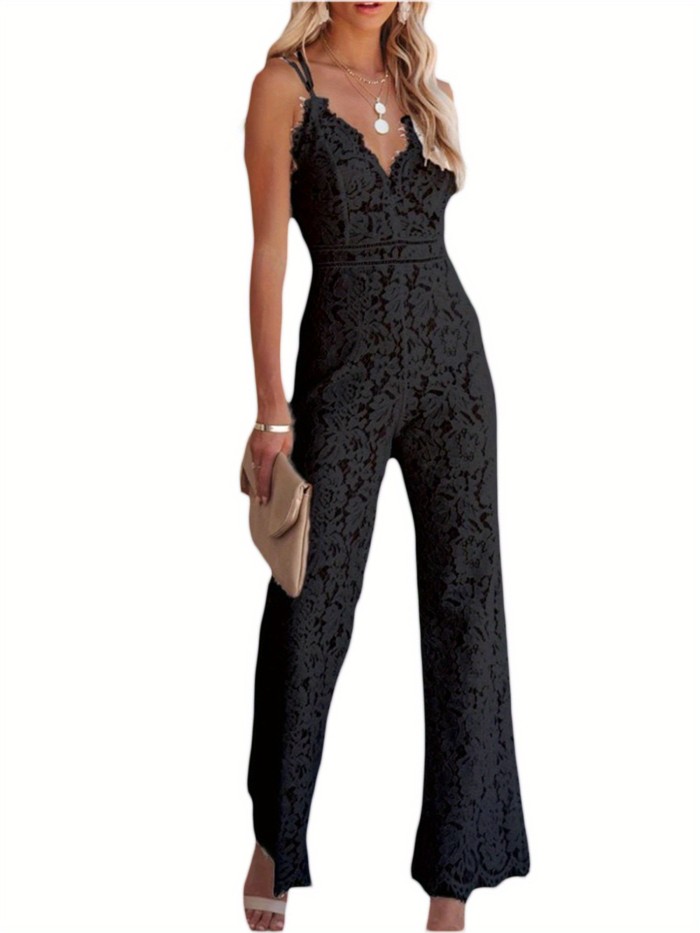 Women's Elegant Black Lace V-Neck Jumpsuit - Sleeveless, Backless, See-Through Mesh Ruffle Detail, Long Pants Bodycon Romper for Clubwear & Sophisticated Occasions