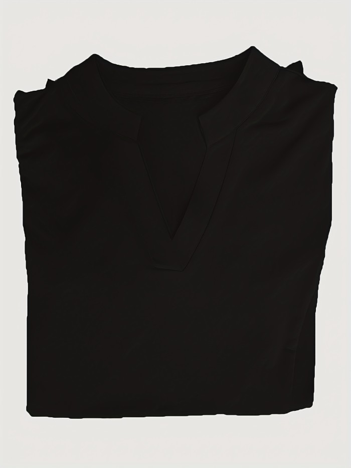 Slit Hem Notch Neck T-Shirt Solid Slit Hem Notch Neck T-Shirt, Casual Ruffle Sleeve Top For Spring & Summer, Women's Clothing