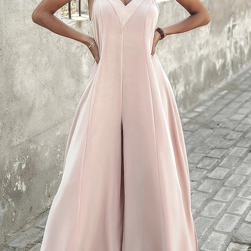 Women'S Fashion Casual Wide Leg Jumpsuit, Spaghetti Strap, Solid Color, Polyester, with Pocket, for Adult