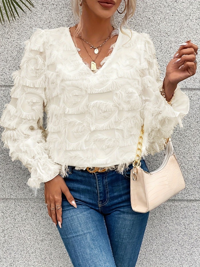 V Neck Tassel Blouse Tassel Decor V Neck Blouse, Stylish Long Lantern Sleeve Top For Spring & Fall, Women's Clothing