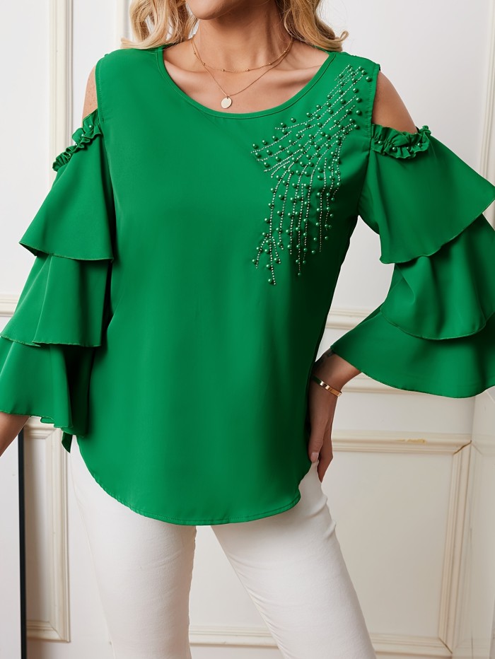Pearl Accented Ruffle Sleeve Polyester Blouse - Elegant Crew Neck for Spring\u002FSummer - Three-Layer Earlobe