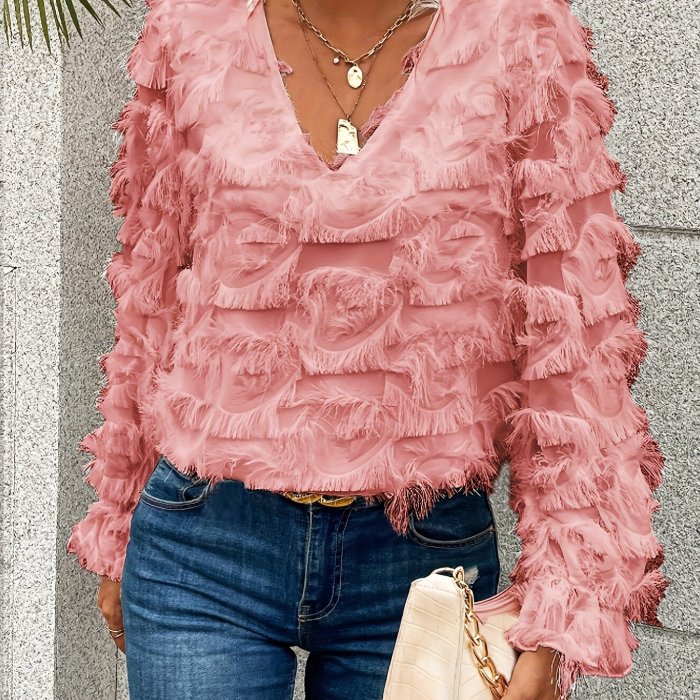 V Neck Tassel Blouse Tassel Decor V Neck Blouse, Stylish Long Lantern Sleeve Top For Spring & Fall, Women's Clothing