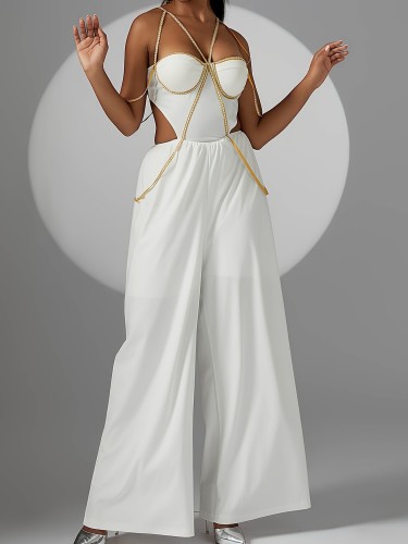 Contrast Trim Spaghetti Strap Jumpsuit, Elegant Cut Out Wide Leg Jumpsuit, Women's Clothing