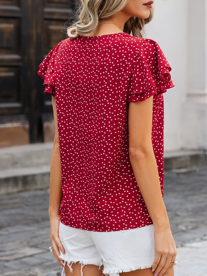 Spring Heart Print Blouse Heart Print Keyhole Blose, Elegant Layered Ruffle Sleeve Blouse For Spring & Summer, Women's Clothing